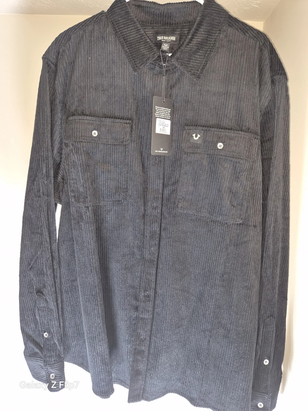 True Religion Men's Black Corded Corduroy Button-Front Shirt Jacket